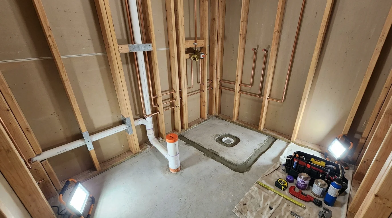 Bathroom rough-in plumbing during remodel by Johns Plumbing LLC in Durant