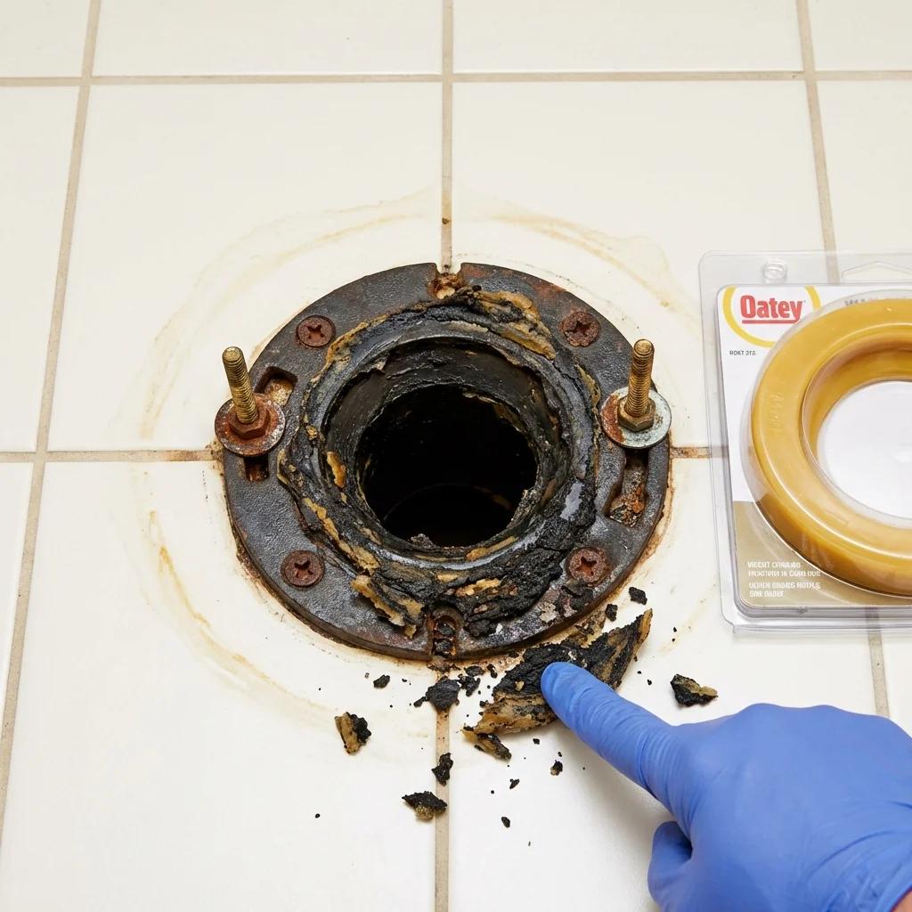 Failed wax ring showing water seepage at the base of a toilet in a Durant, IA home