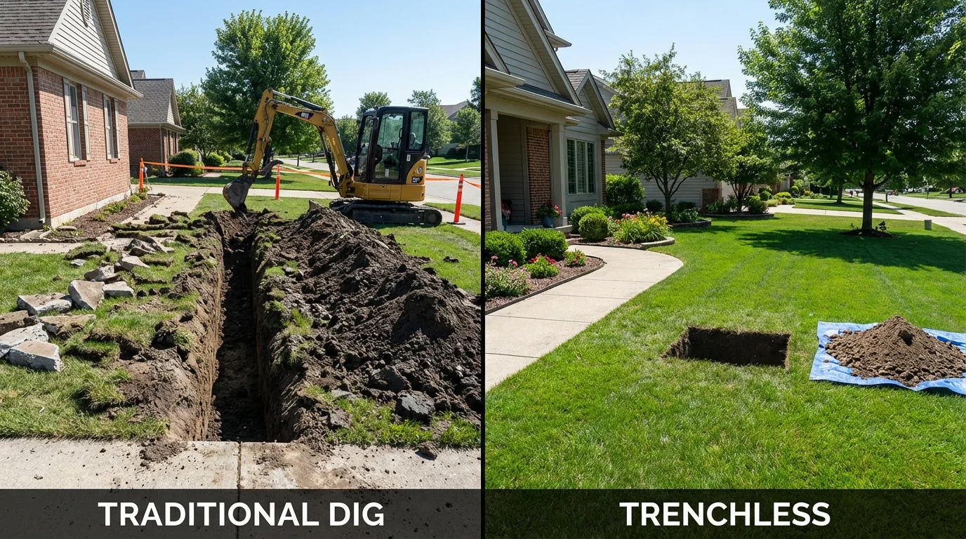 Trenchless sewer repair with minimal yard damage versus traditional excavation in Durant, IA