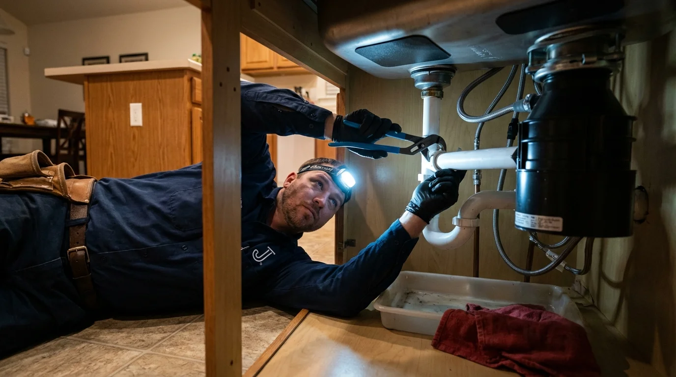 P-trap and supply line connections under a kitchen sink showing a common leak point in Durant, IA